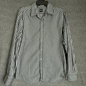 HUGO BOSS Men Grey Striped Button Down Long Sleeve Shirt Slim Fit Size M